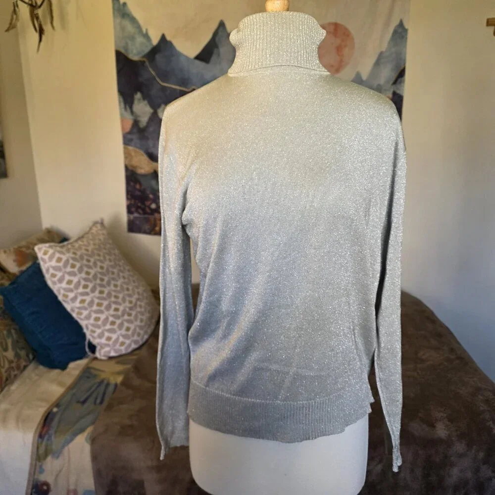 Composition NY Silk Blend Metallic Shimmer Turtleneck Sweater L Taupe Beige